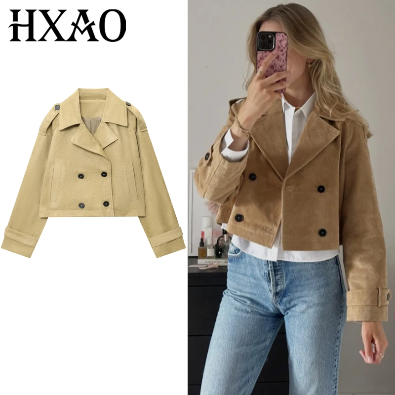

HXAO Женская куртка Укороченная замшевая куртка Женская осень 2025 Новые пальто и куртки Хаки Верхняя одежда с длинными рукавами Шикарные повседневные куртки