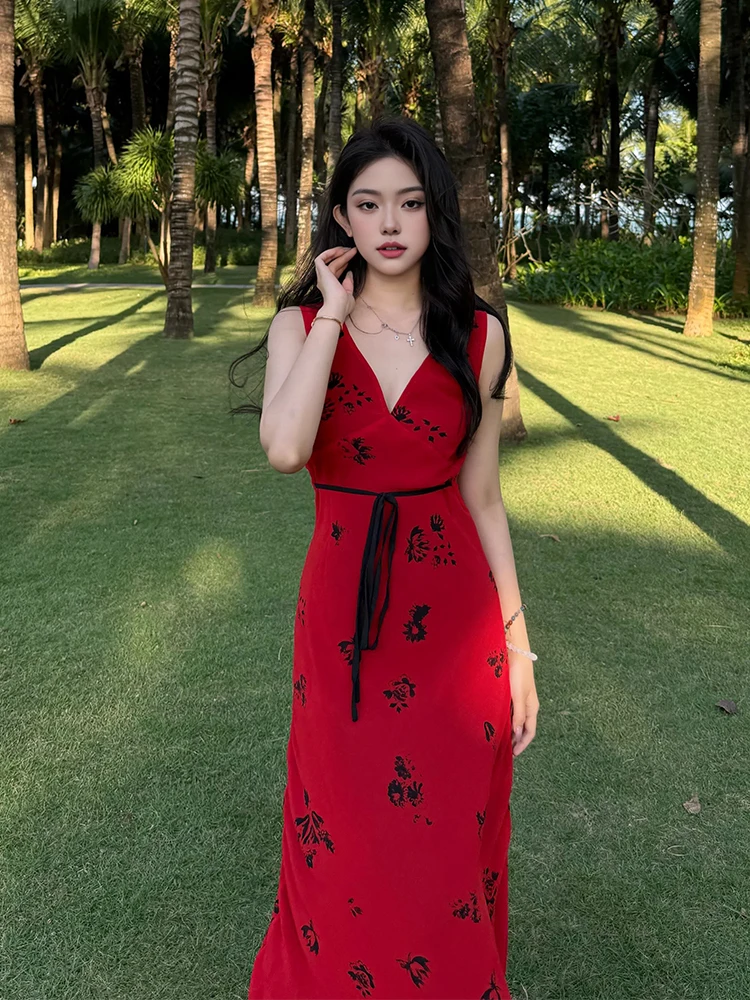 Gilet con stampa floreale Dr Donna Autunno Inverno Vintage Dimagrante Rosso V-Ne Vita incinta A-Line Lungo Dr Vacanze estive Sle