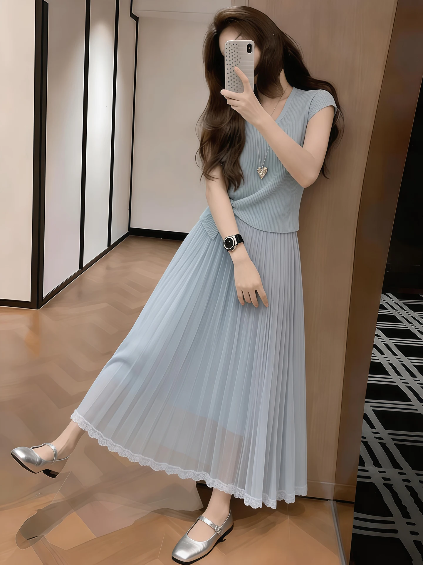 

Light Blue Lazy Style Knitted Top And Skirt Set Women's Summer Fashion Design Two-Piece Suit High Waist Long Skirt round Neck