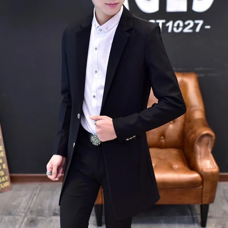 

Sli Mid-Length Men's Suit Jaet Autumn Faionable Hairst Coat Long Sve Stand Fit Urban Sle Double Button