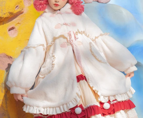 Lolita jas winter verdikte schattige ruches pluche warme lange mouw losse jas lief meisje kerst grote schommel witte vetermantel