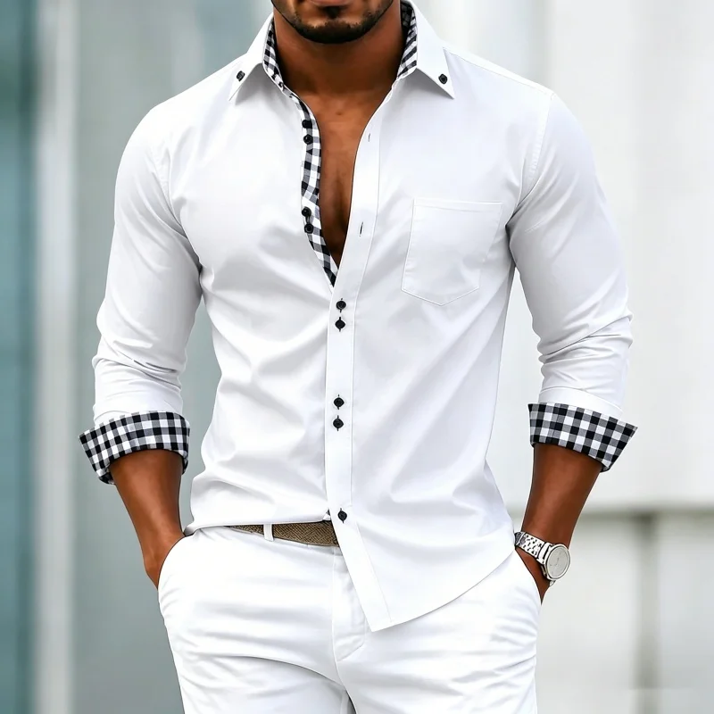 Men's long sleeved lapel shirt with black and white checkered contrasting design and pockets, business casual slim fit men's top