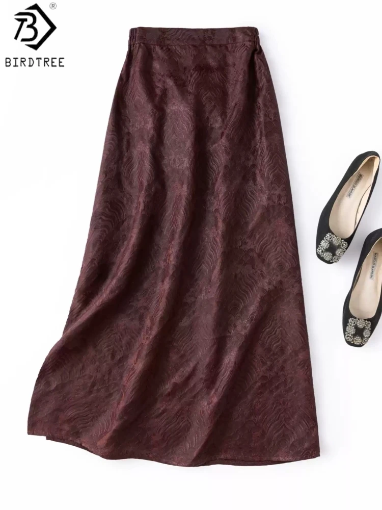 

Birdtree, 100% Silk Jacquard Skirt, Side Slit, Women Hongyun Satin Xiangyunsha Silk Skirts, Elastic Waist, 2026 New D65623JF