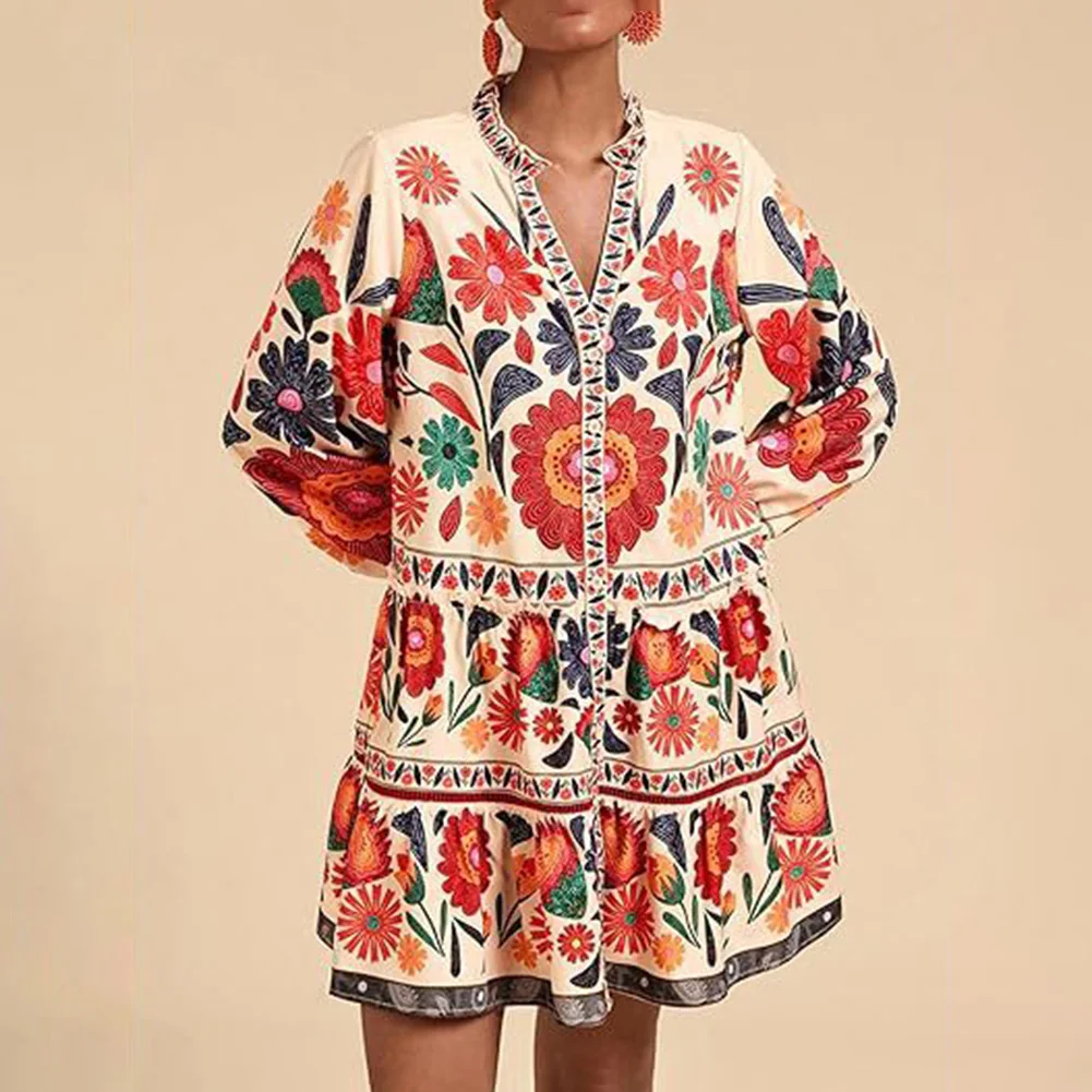 Frauen Ethnische All-over Blumen Druck Boho Lange-sleeve Geknöpft Lose anliegende Frauen Blume Blumen Druck Kleid Herbst