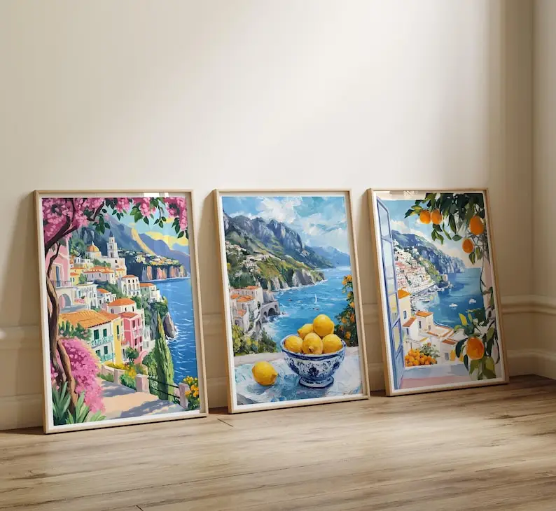 3 piezas de pintura moderna sobre lienzo de la costa de Amalfi, impresiones coloridas sin marco del verano mediterráneo, carteles costeros de Italia para decoración de dormitorio
