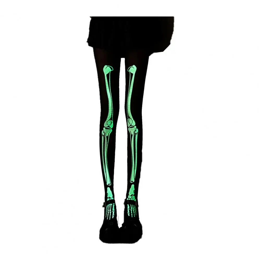 Lady Pantyhose Glow-in-the-dark Skeleton Women Pantyhose with Anti-slip Skull Thighs for Halloween Cosplay Performance