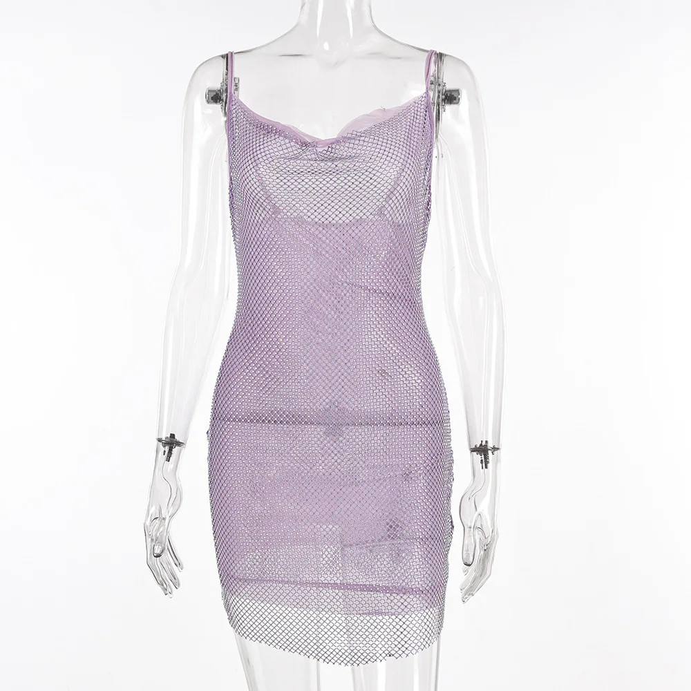 BKLD 2024 New Perspective Mesh Sexy Swinging Collar Dress Nightclub Flash Diamond Spaghetti Strap Short Dresses Solid Color