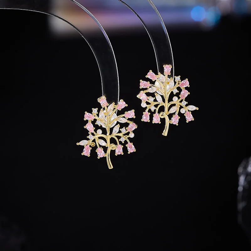 Легкий роскошный стиль, медные инкрустированные цирконом, денежное дерево, индивидуальный креативный дизайн, элегантные серьги-гвоздики