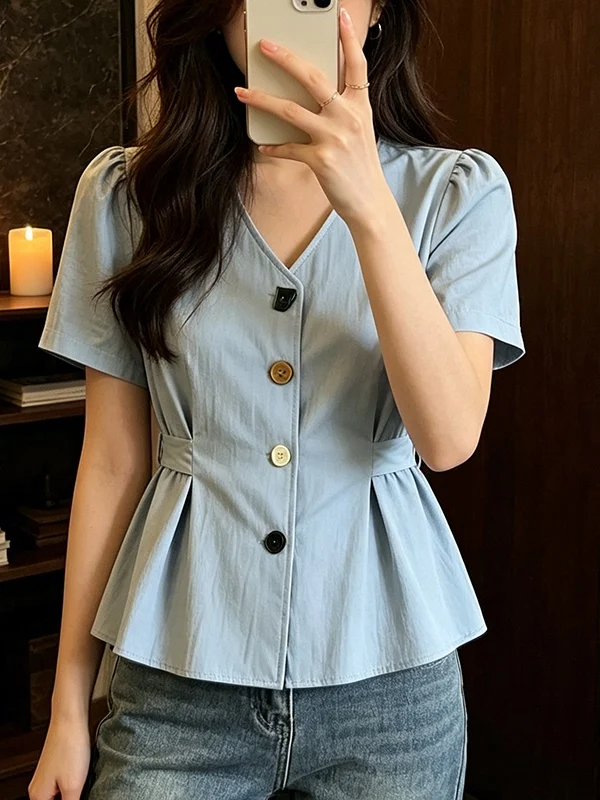 

plus Size Women's Blue V-Neck Slim Fit Shirt Short Sleeve Commute Style Korean Version Fashionable Summer New Arrival