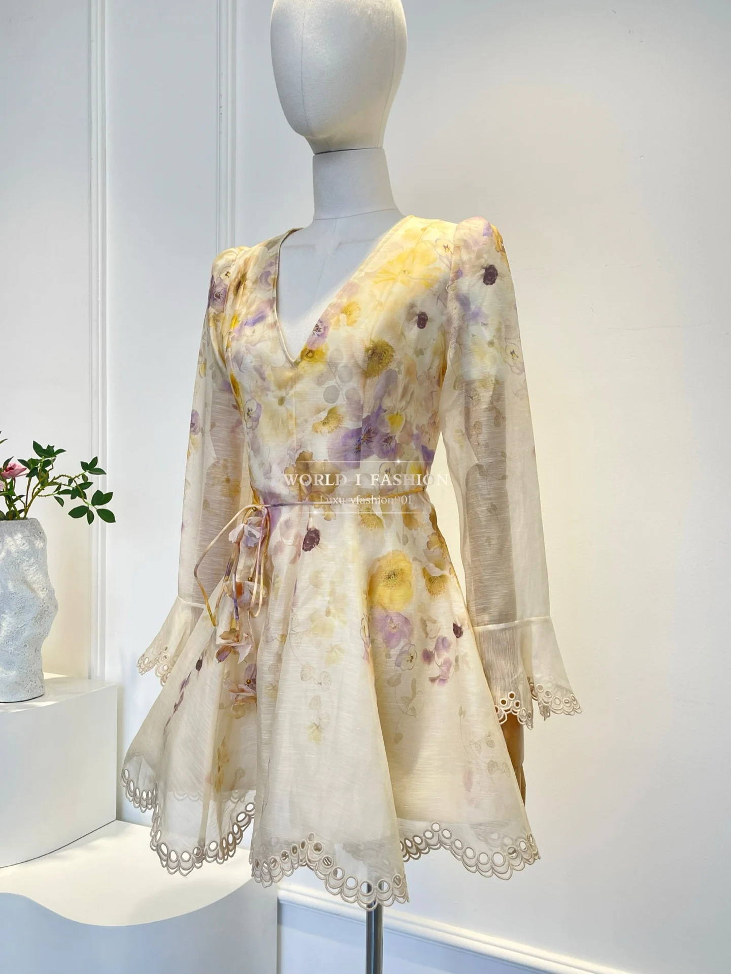 Elegant Woman Clothes New Beige Violet Floral Print Embroidery Long Sleeve V Neck Scallop Midi Dress