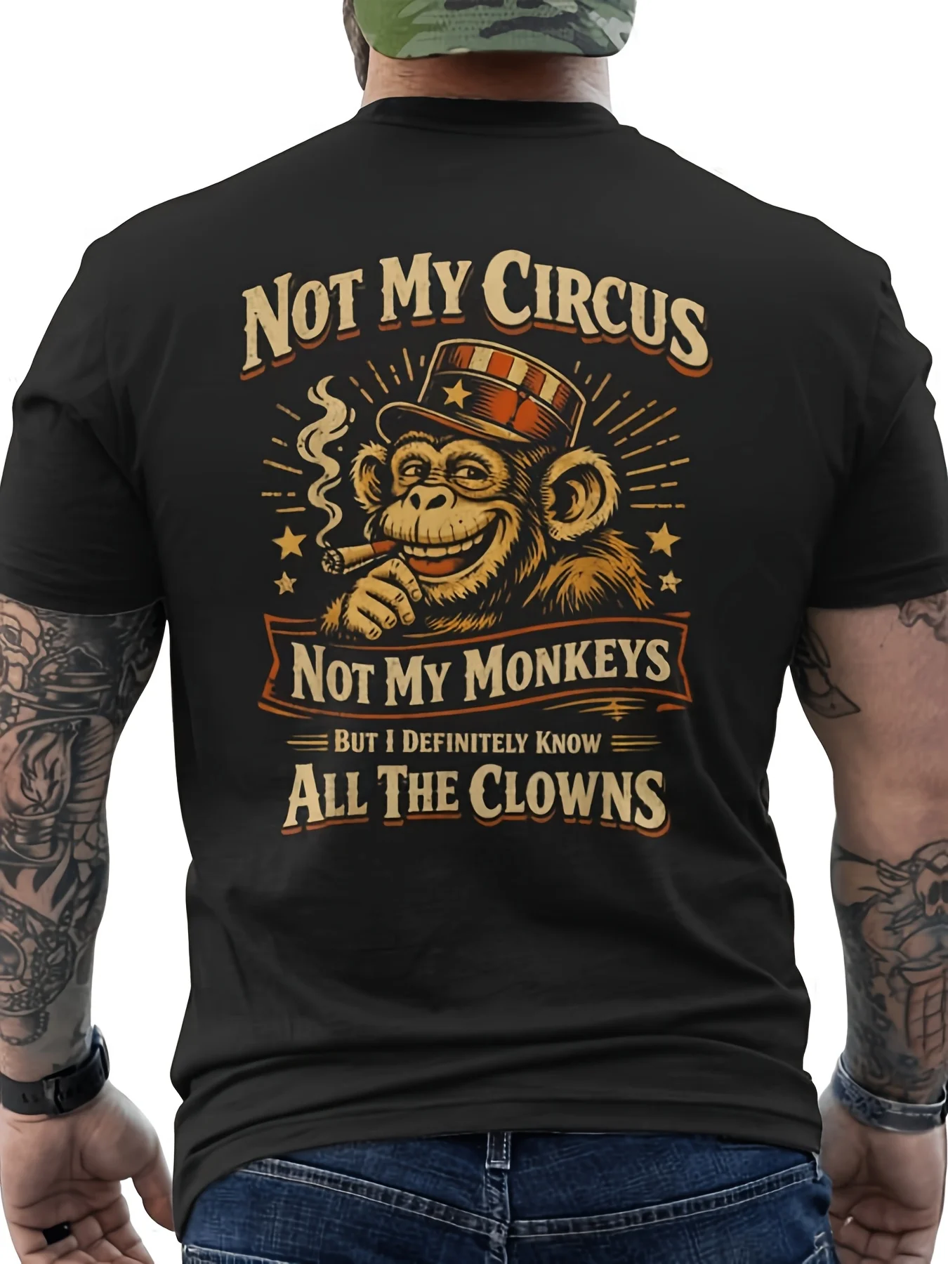 Men Crew Neck T-Shirt Retro Circus Monkey Back Print Not My Circus Quote Graphic Casual Short Sleeve Tee
