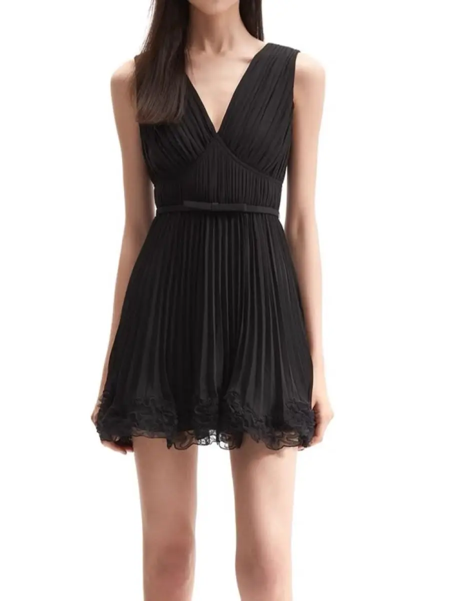 Women's Black Pleated Dress Hem Lace Stitching V-Neck Sleeveless Elegant Female Mini Robe with Belt