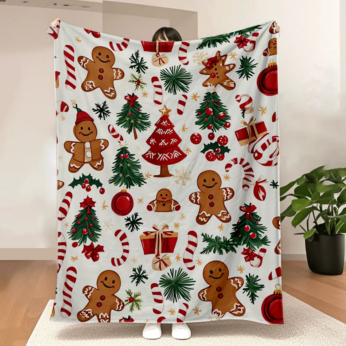 Christmas Blanket, Ultra-Soft Flannel Throw, Gingerbread Wonderland Print, Festive Holiday Decor