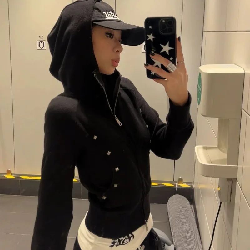 レトロパーカー女性韓国シックなダブルジッパースリムフィットショートスウェットシャツ春秋ストリートパンクグランジフード付きコート