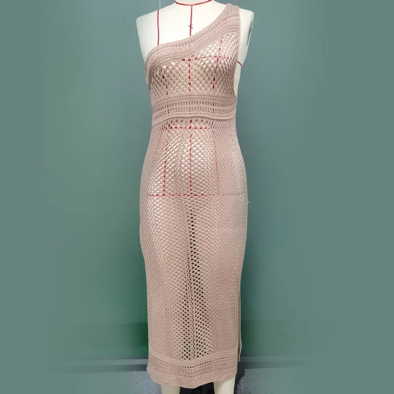 Seksowna dzianinowa sukienka maxi z rozcięciem, obcisła, letnia, narzutka na bikini, biała tunika, damska odzież plażowa, prześwitująca siateczkowa narzutka plażowa 2024