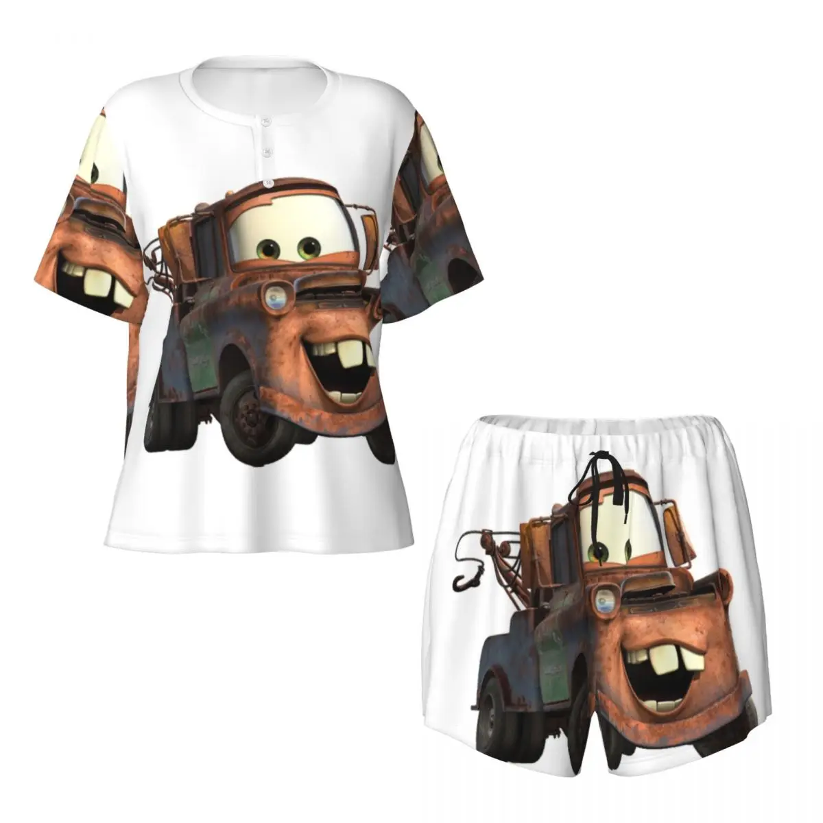 Custom Printed Cars Lightning Mcqueen Pajamas Set Women Short Sleeve Sleepwear Loungewear 2 Piece Pjs