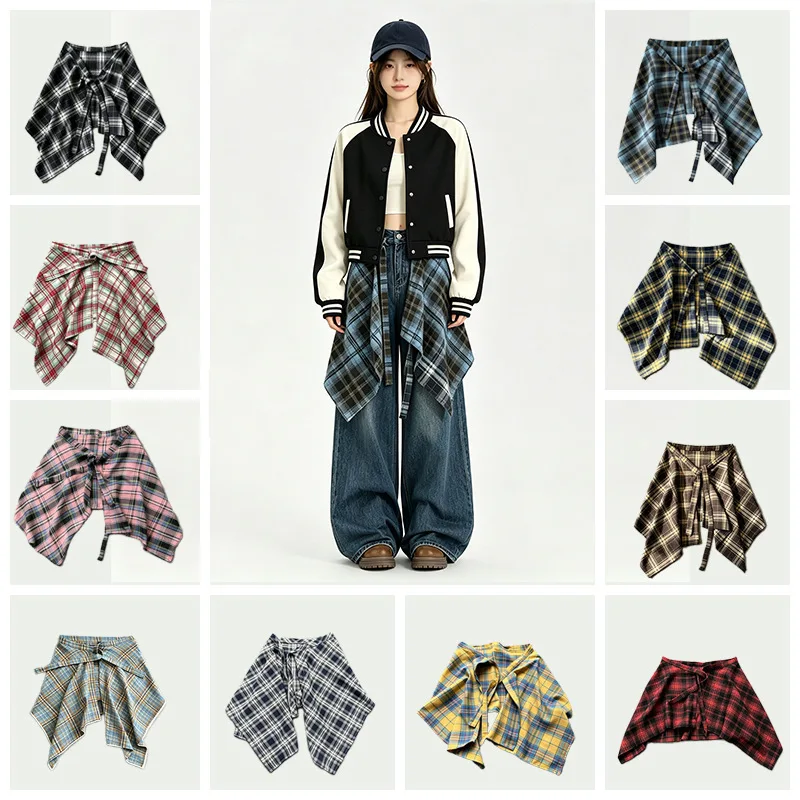 1/2/3PCS Women Plaid Layering Shirt Extender 2026 Autumn New High Waist Tie A-Line Skirt Versatile Matching Mini Skirt Accessory