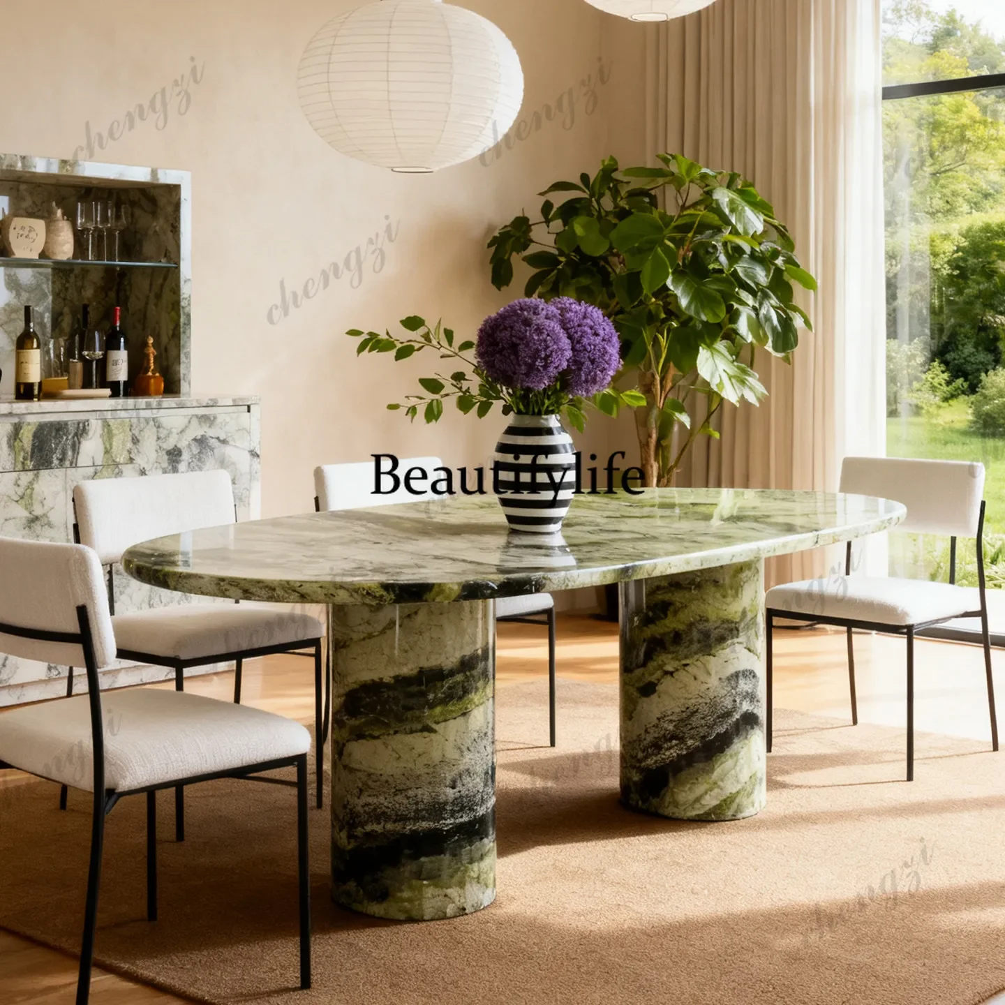 P182 P182 Italian light luxury oval dining table natural marble villa model room dining table