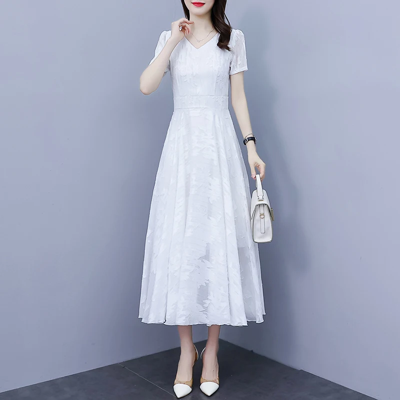 Women White Chiffon Long Dresses Summer Female V Neck Short Sleeve Large Size 5XL Elegant A Line Jacquard Pleated Loose Vestidos