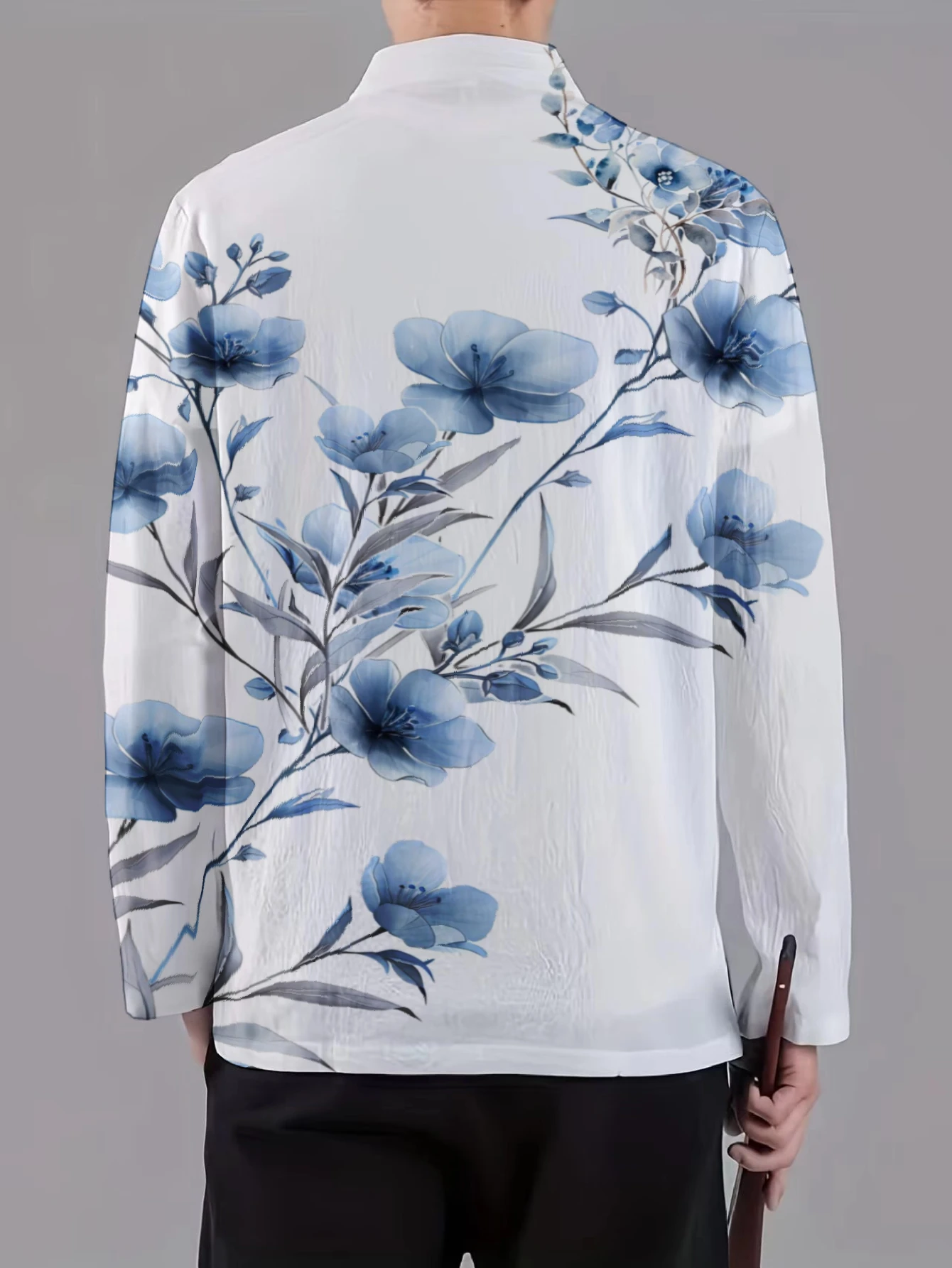 Men Mandarin Collar Frog Button Jacket Tropical Leaf Butterfly Print Traditional Outerwear