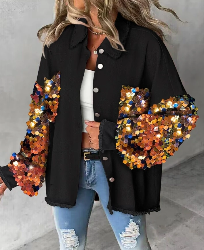 Contrast Sequin Long Sleeve Jacket ปุ่มด้านบนด้านหน้า Raw Hem Loose Fit Shacket