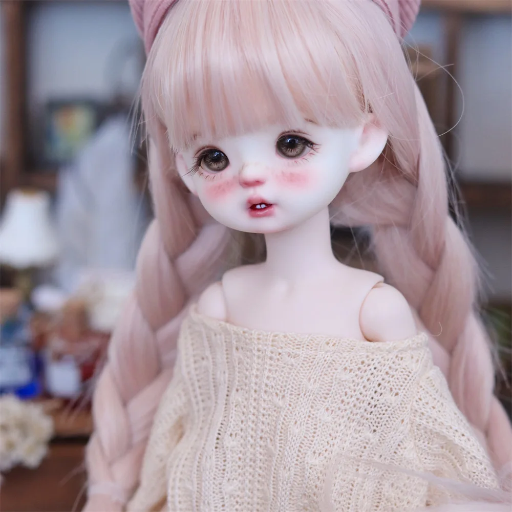 1/6 BJD Doll Wig Pink Double Braids with Bangs High-Temperature Fiber for 1/6 SD Ball Jointed Doll Cute Style Dolls Accessories
