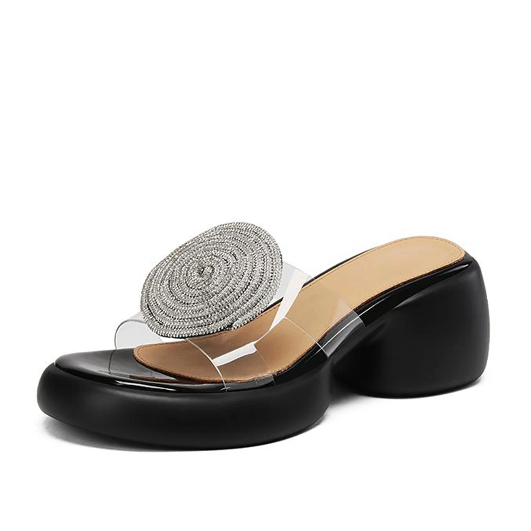 Lanxuryee-Sapatos respiráveis de geléia de PVC para mulheres, peep toe mules, salto alto, sandálias casuais cristal, plataforma Slingback, verão