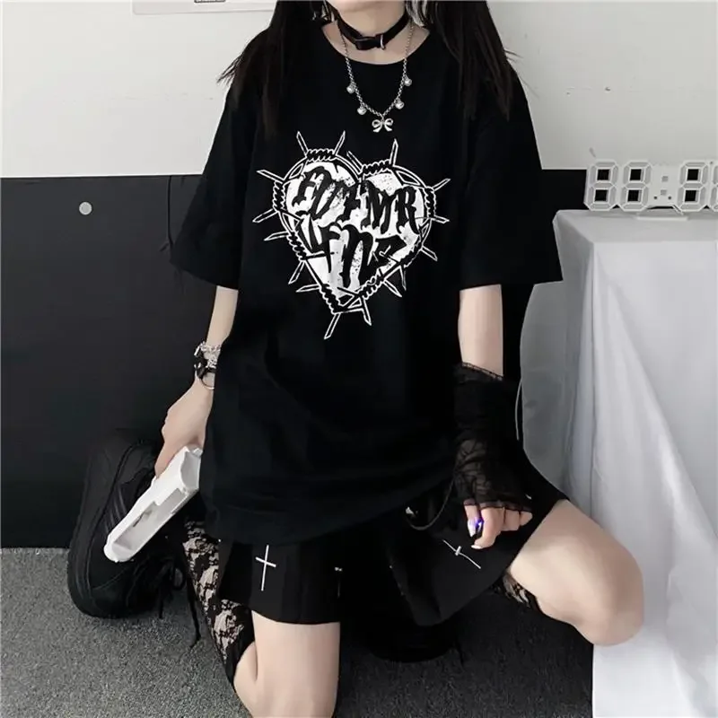 

Harajuku Y2k Fashion Goth Vintage Print T-shirt Women Streetwear Dark Gothic Emo Alt Short Sleeve O-neck Loose Black Tee Tops