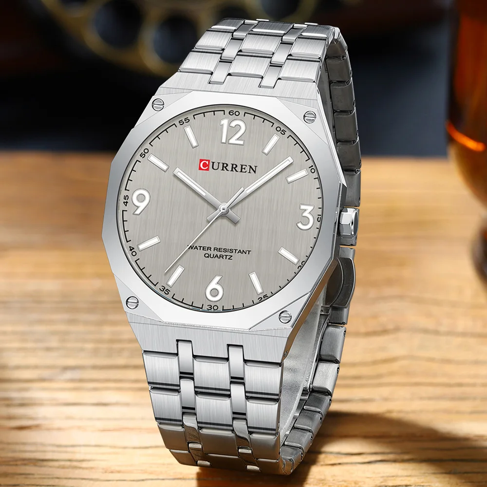 2026 Male Fashion Men Quartz Watch Stainless Steel Band Luminous Business Casual Wristwatch Octagonal Bezel Mineral Glass Dial