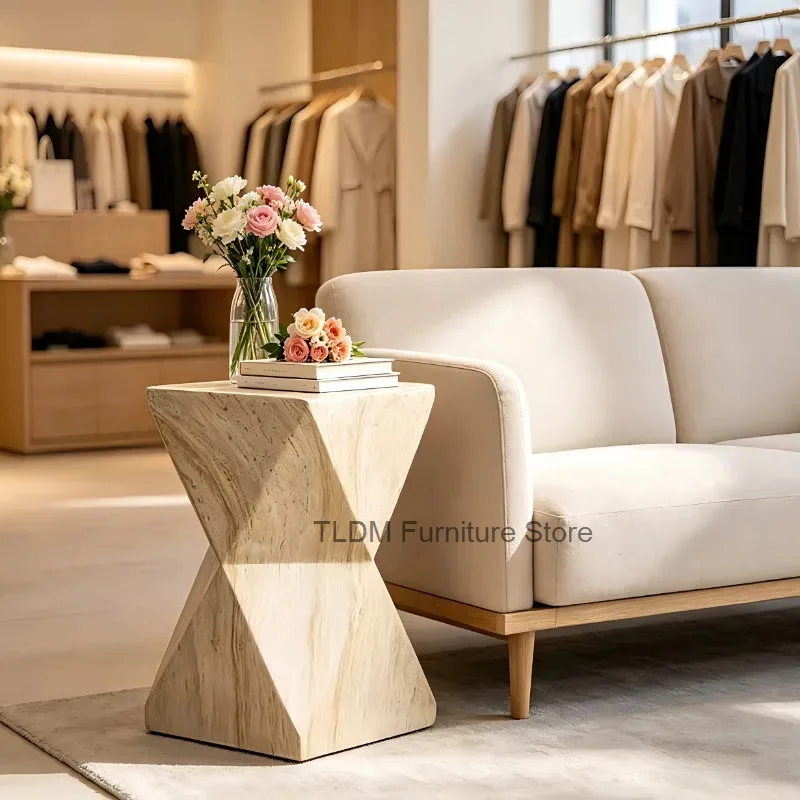 Geometric Travertine Side Table, Sculptural Twist Accent End Table, Modern Stone Hourglass Table for Living Room & Lobby Decor