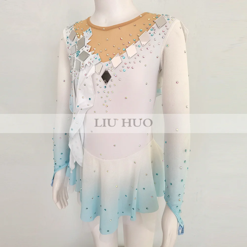 LIUHUO Ice Dance Figure Skating Dress Women Girl Teen Customize Costume Performance Competition Leotard Roller Light Blue Child