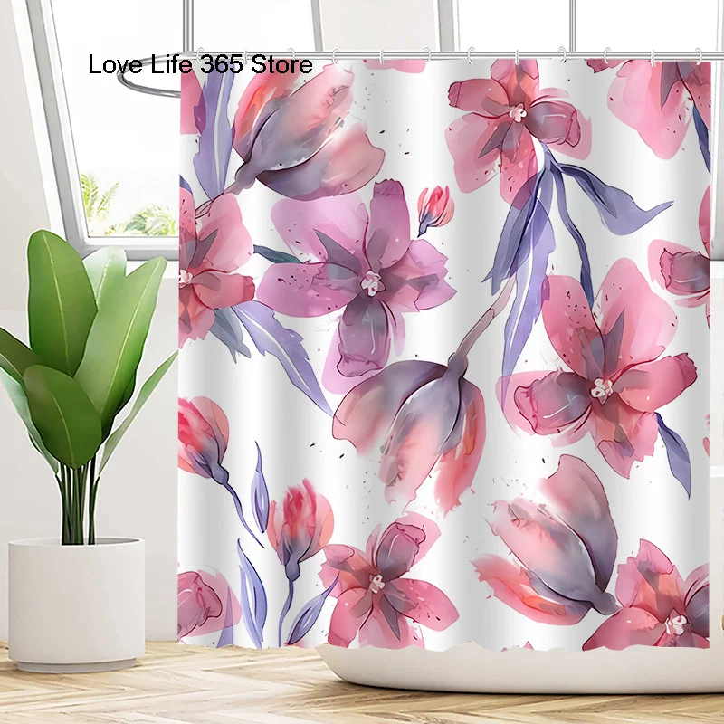 Purple Flowers Pattern Shower Curtains Hand-painted Plant Polyester Bathroom Partition Curtain With Hooks Hanging Waterproof