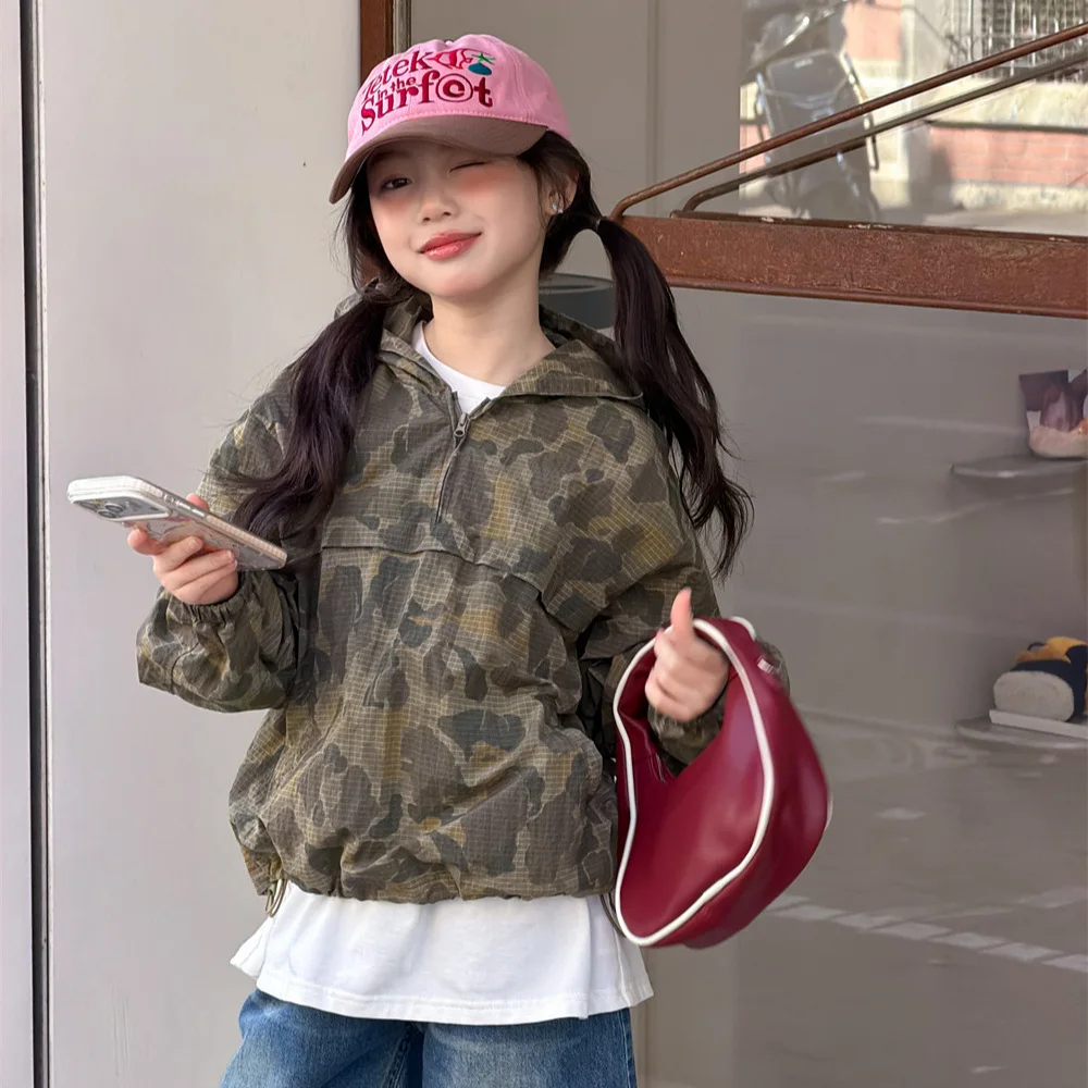 

Girls Coat 2026 Spring and Summer New Childrens Clothing Korean Style Girl Baby Fashionable Camouflage Hooded Coat Simple