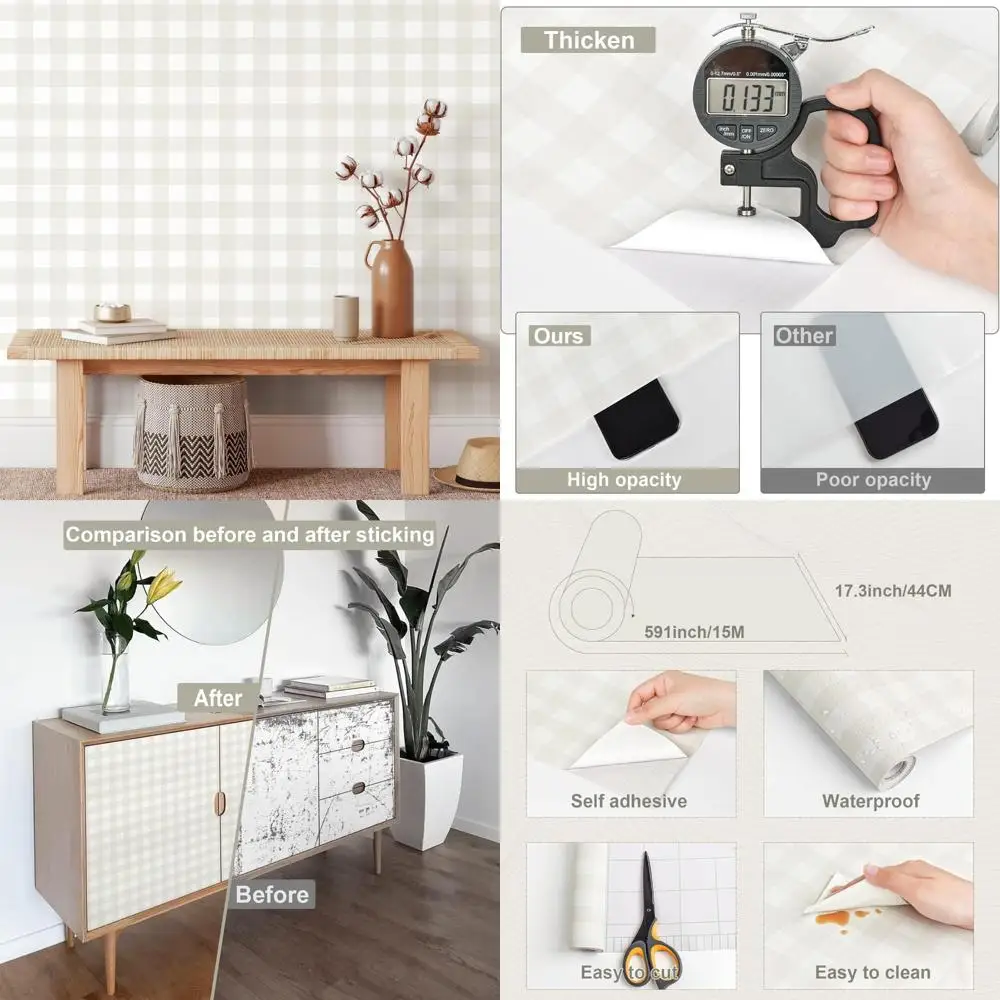 Boho Plaid Pattern Peel and Stick Wallpaper for Cabinets, 17.3in Wide, 591in Long, Neutral Checkered Contact Paper, Sizing Optio