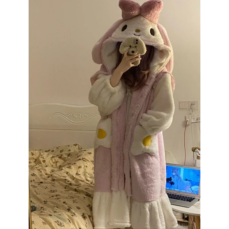 Sanrio Melody autumn and winter hooded nightgown coral fleece cartoon pajamas nightgown fleece thickened nightgown women