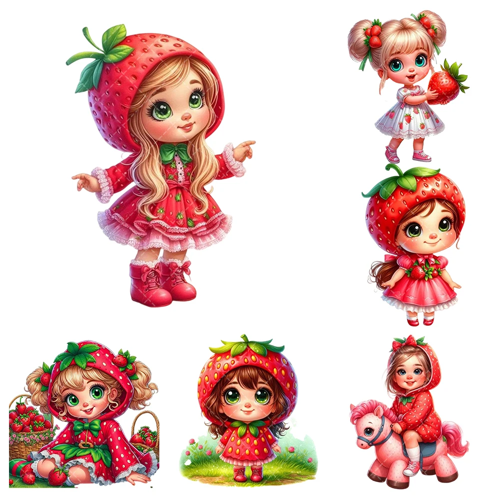 

Cute Little Girl Series Strawberry Heat Transfer Stickers Iron On Clothes Bags DTF Vinyl Thermal Appliques Washable DIY Patches