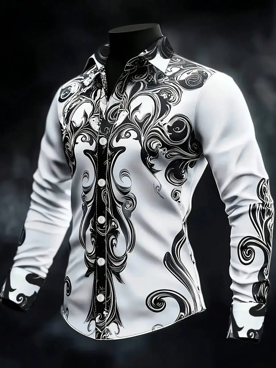 

Men's Black & White Scroll Print Long Sleeve Button-Down Shirt, Gothic Style Casual Wear