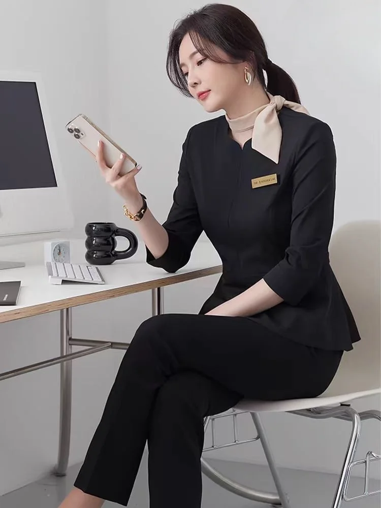 2024 Beautician Work Clothes Female Hotel Front Desk Fashion Professional Black Top and Pants Set Health Salon SPA Uniform Sales