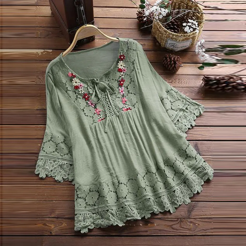 Blusa de algodón Ethinic Mori para mujer, ropa Retro de retazos de encaje, Túnica plisada con flores, cuello en V sólido, camisas de manga 3/4