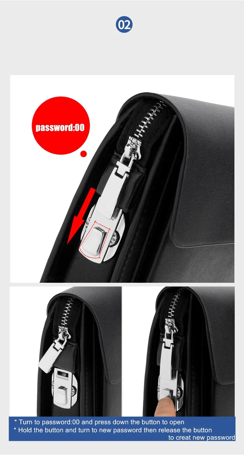 Men's Large Capacity Code Lock Handbag PU Leather Business Bag with Zipper Long Wallet Black Brown Casual Phonebag for Men