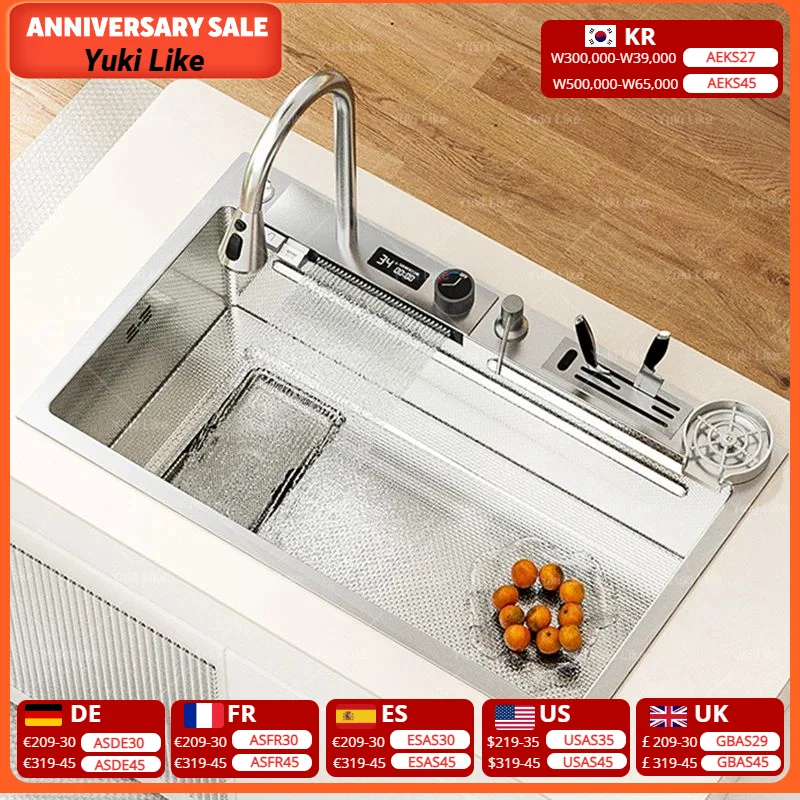 

Kitchen Sink Stainless Steel Waterfall Wash Dish Vegetables Basin Multifunctional Smart Digital Display Screen Large Single Slot