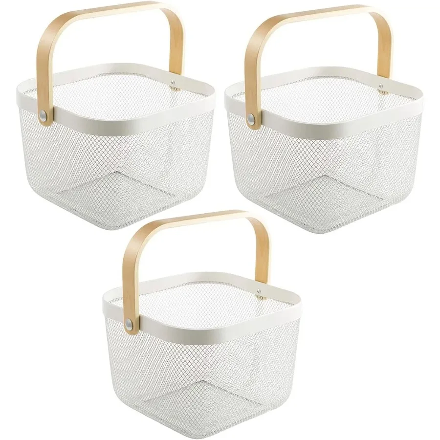 3 Pack Metal Mesh Steel Basket Storage Organizer Basket Multi-function Hanging Kitchen Baskets Fruit Basket Bin with Wood Handl