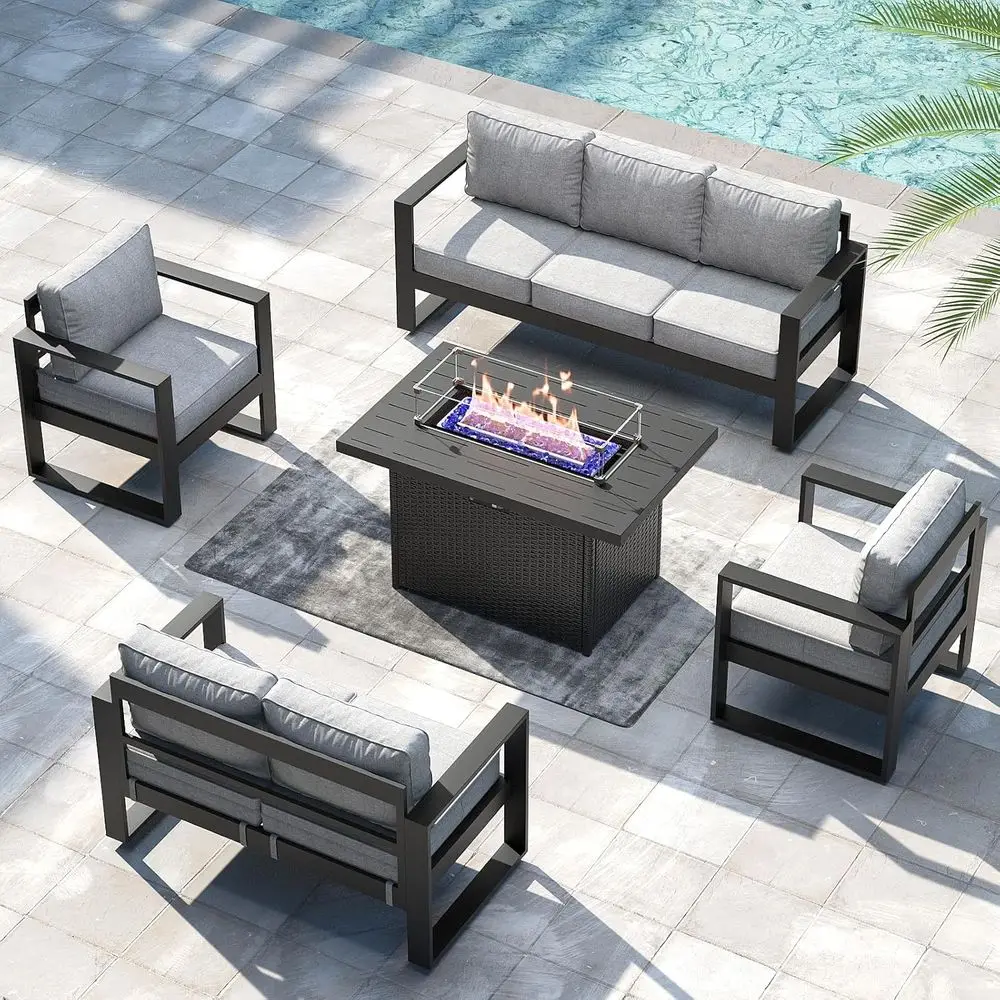 

5-Piece Metal Outdoor Patio Furniture Set with Fire Pit Table and Removable Cushions for Porch and Backyard