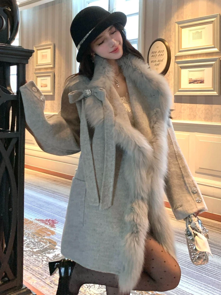French Elegant Princess Women's Double Faced Wool Coat Fur Collar Bow Decor Loose Fit Winter Casual Party Date Night Outfit 2026