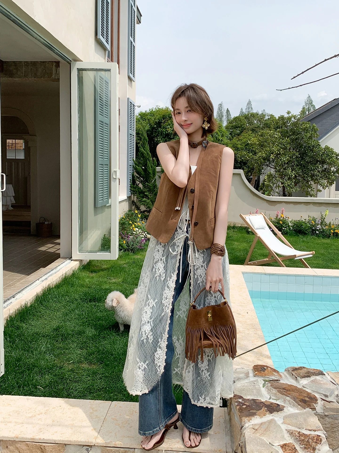 

Loose Straight Lace Cover up Set Women's Spring Fashion Two Piece Suit Guusraan Valley Wildness Style Casual Chic