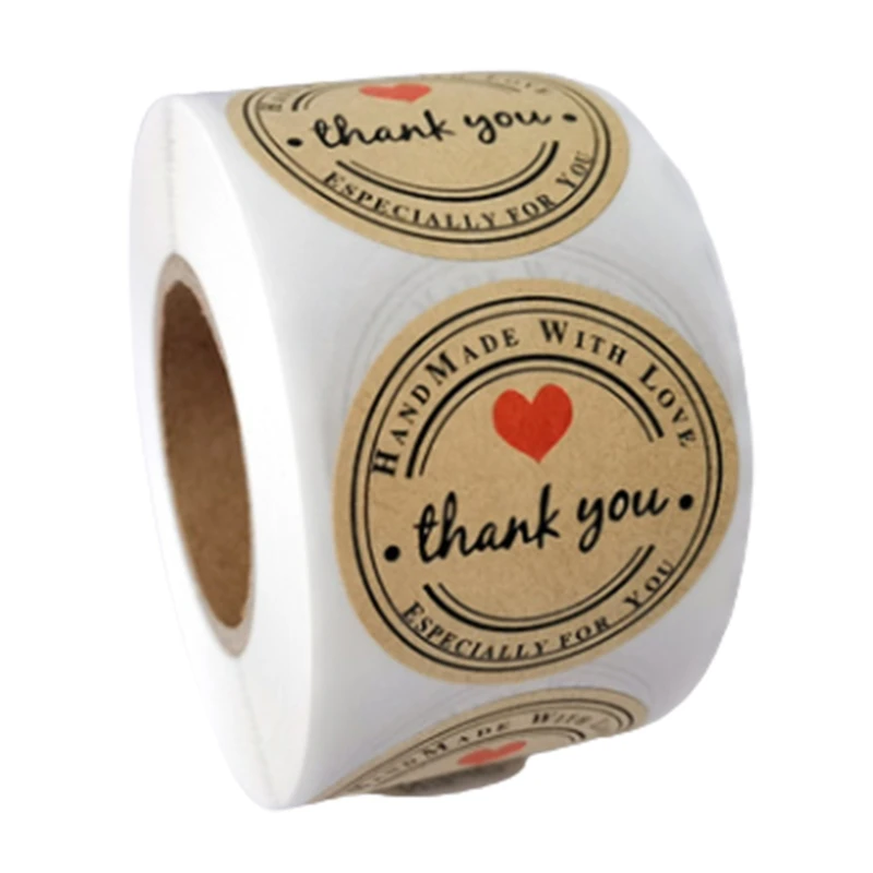 

Pieces Handmade with Love Thank You Stickers Roll Kraft Paper Round Adhesive Labels for Envelope Gift Wrap DIY Decor