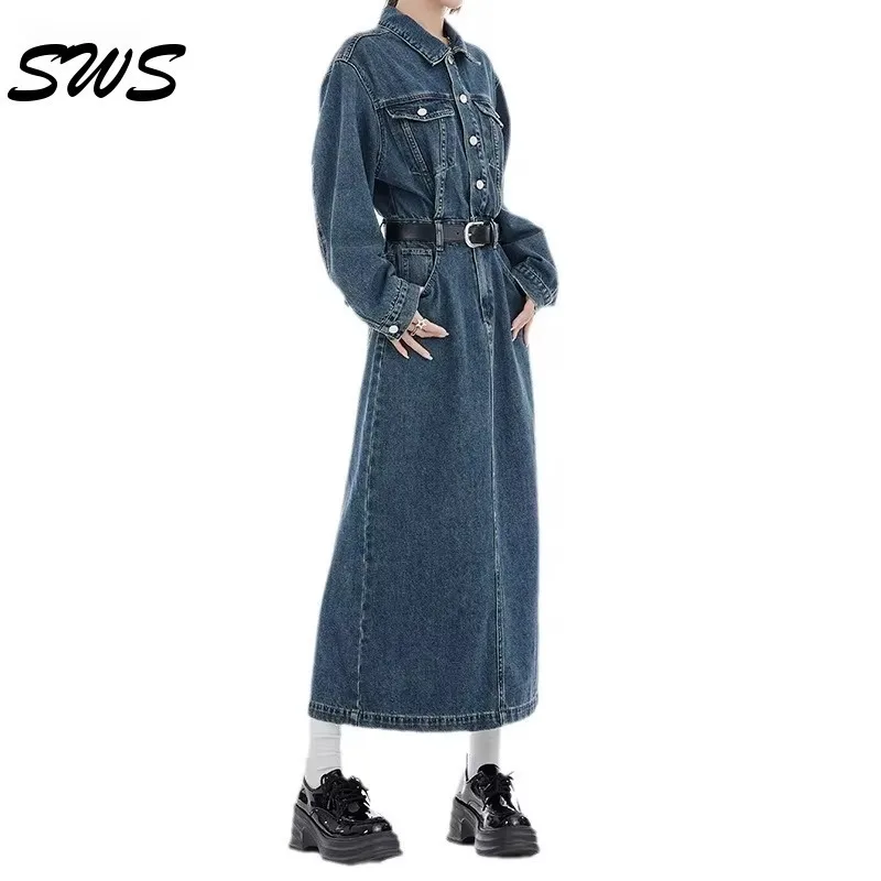 

Long Sleeved Denim Dress for Women 2024 New Autumn Vintage Waist Cinching Trend Fashionable Back Slit A-line Mid Length Skirt