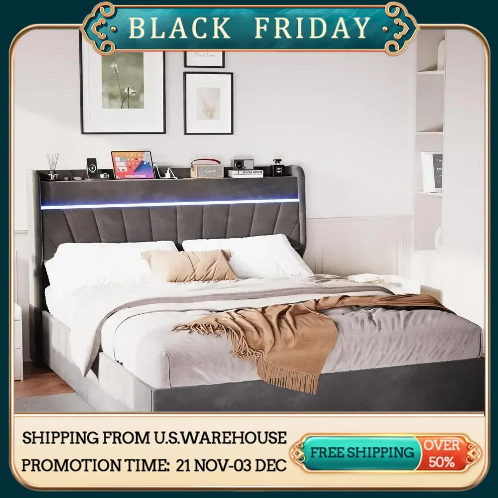 

Queen Platform Bed Frame with Headboard, Lift Up Storage Bed Frame with Led Lights, Bed Frame with Type C & USB Charging Port