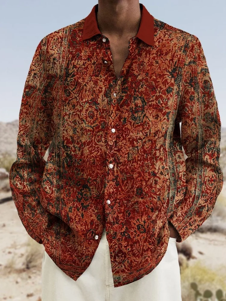 

Мужские рубашки с национальным графическим принтом, винтажные топы на пуговицах с длинными рукавами, повседневные свободные туники с воротником с лацканами, осень 2024, туники для поездок на работу