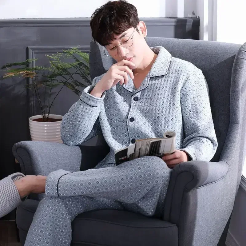 Herbst & Winter verdicken Herren Pyjama Sets einfache warme Nachtwäsche Baumwolle Top Hose Freizeit Outwear weiche Plus Size Lounge wear 2024